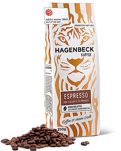 Hagenbeck Espresso 250g | Ganze Espresso-Bohnen aus traditioneller Röstung | Kräftig-würziger Geschmack mit sanft-schokoladiger Note | Kaffeebohnen stark | Ideal für Kaffee-Vollautomaten von Hagenbeck Kaffee