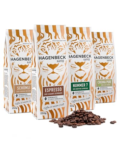 Hagenbeck Kaffee Probier-Set | Ganze Kaffee-Bohnen aus traditioneller Röstung | Aromatisches Kaffee-Geschenk-Set mit je 250g Espresso, Espresso Nr. 7, Schümli & Bio-Crema-Pur | Kaffeespezialitäten von Hagenbeck Kaffee