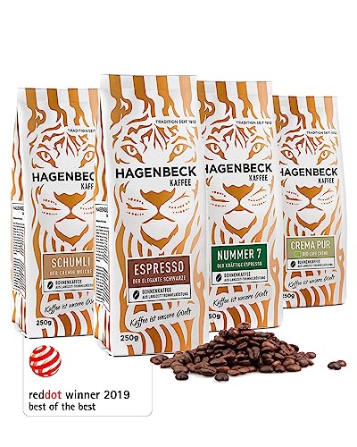 Hagenbeck Kaffee Probier-Set | Ganze Kaffee-Bohnen aus traditioneller Röstung | Aromatisches Kaffee-Geschenk-Set mit je 250g Espresso, Espresso Nr. 7, Schümli & Bio-Crema-Pur | Kaffeespezialitäten von Hagenbeck Kaffee