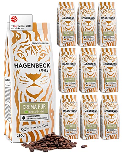 Hagenbeck Bio-Crema Pur 10x250g (2,5kg) | Ganze Bio-Kaffee-Bohnen aus deutscher Röstung | Cremig & kräftig | Ideal als Cappuccino, Café Crème, Latte Macchiato & Espresso | Für Kaffee-Vollautomat von Hagenbeck Kaffee