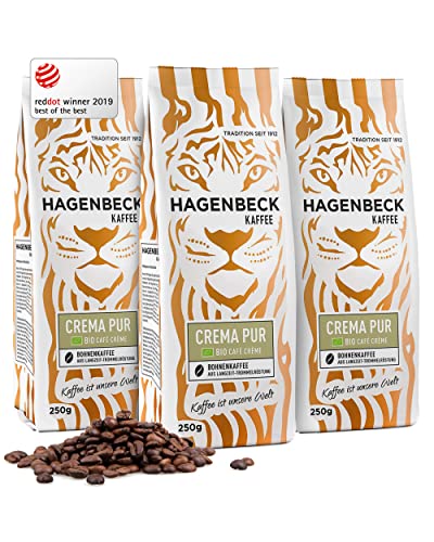 Hagenbeck Bio-Crema Pur 3x250g (750g) | Ganze Bio-Kaffee-Bohnen aus deutscher Röstung | Cremig & kräftig | Ideal als Cappuccino, Café Crème, Latte Macchiato & Espresso | Für Kaffee-Vollautomat von Hagenbeck Kaffee