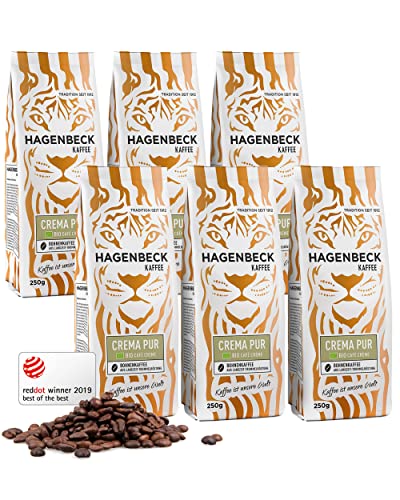 Hagenbeck Bio-Crema Pur 6x250g (1,5kg) | Ganze Bio-Kaffee-Bohnen aus deutscher Röstung | Cremig & kräftig | Ideal als Cappuccino, Café Crème, Latte Macchiato & Espresso | Für Kaffee-Vollautomat von Hagenbeck Kaffee