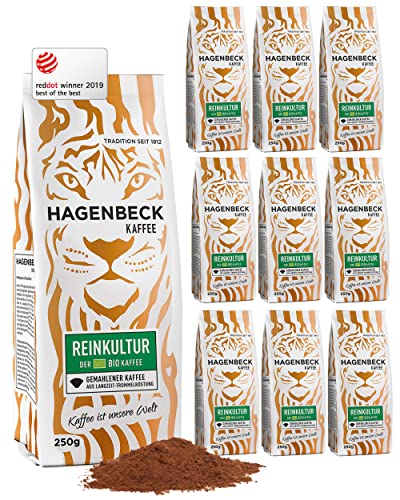 Hagenbeck Bio-Reinkultur 10x250g (2,5kg) | Bio-Kaffee gemahlen & klassisch-aromatisch | Mittelstarke Intensität | Gemahlener Kaffee aus deutscher Röstung | 100% Arabica-Mischung aus Bio-Kaffeebohnen von Hagenbeck Kaffee