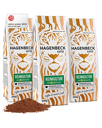 Hagenbeck Bio-Reinkultur 3x250g (750g) | Bio-Kaffee gemahlen & klassisch-aromatisch | Mittelstarke Intensität | Gemahlener Kaffee aus deutscher Röstung | 100% Arabica-Mischung aus Bio-Kaffeebohnen von Hagenbeck Kaffee