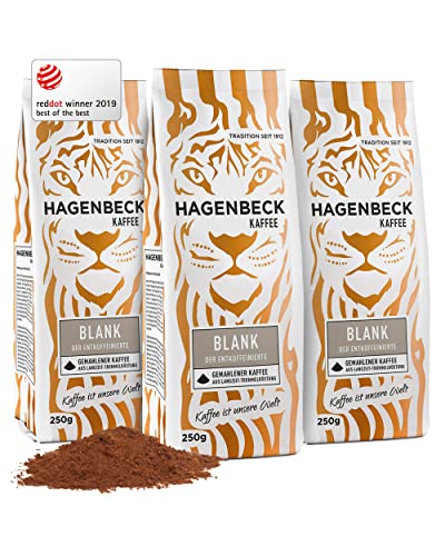 Hagenbeck Blank 3x250g (750g) | Entkoffeinierter, gemahlener Kaffee mit mild-feinem Aroma | 100% schonend geröstete Arabica-Kaffeebohnen | Leichte Intensität | Gemahlen, koffeinfrei & magenschonend von Hagenbeck Kaffee