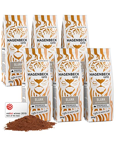 Hagenbeck Blank 6x250g (1,5kg) | Entkoffeinierter, gemahlener Kaffee mit mild-feinem Aroma | 100% schonend geröstete Arabica-Kaffeebohnen | Leichte Intensität | Gemahlen, koffeinfrei & magenschonend von Hagenbeck Kaffee