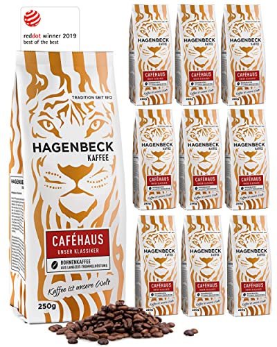 Hagenbeck Caféhaus 10x250g (2,5kg) | Ganze Kaffee-Bohnen | Klassisch-vollkommenes Aroma | Mittelstarker Röstkaffee aus 100% Arabica-Mischung | Besonders schonend gerösteter Bohnen-Kaffee von Hagenbeck Kaffee