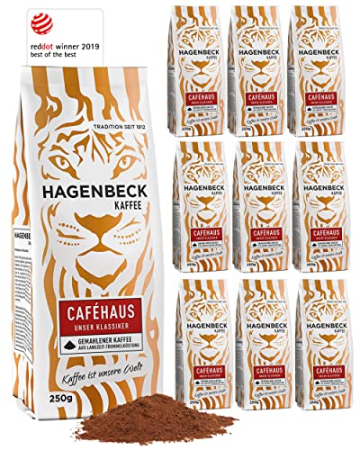 Hagenbeck Caféhaus 10x250g (2,5kg) | Gemahlener Kaffee | Klassisch-vollkommenes Aroma | Mittelstarker Röstkaffee aus 100% Arabica-Mischung | Schonende Röstung | Kaffeebohnen gemahlen von Hagenbeck Kaffee