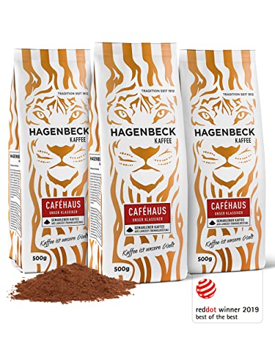 Hagenbeck Caféhaus 3x500g (1,5kg) | Gemahlener Kaffee | Klassisch-vollkommenes Aroma | Mittelstarker Röstkaffee aus 100% Arabica-Mischung | Schonende Röstung | Kaffeebohnen gemahlen von Hagenbeck Kaffee