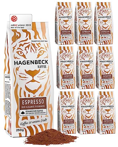 Hagenbeck Espresso 10x250g (2,5kg) | Gemahlener Kaffee aus traditioneller Röstung | Kräftig-würziger Geschmack mit sanft-schokoladiger Note | Kaffeebohnen gemahlen | Ideal für Kaffee-Vollautomaten von Hagenbeck Kaffee