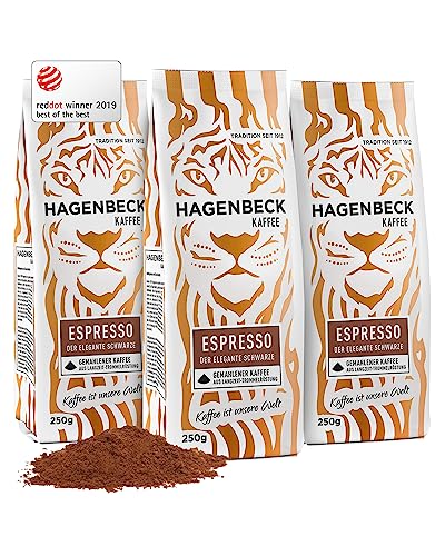 Hagenbeck Espresso 3x250g (750g) | Gemahlener Kaffee aus traditioneller Röstung | Kräftig-würziger Geschmack mit sanft-schokoladiger Note | Kaffeebohnen gemahlen | Ideal für Kaffee-Vollautomaten von Hagenbeck Kaffee