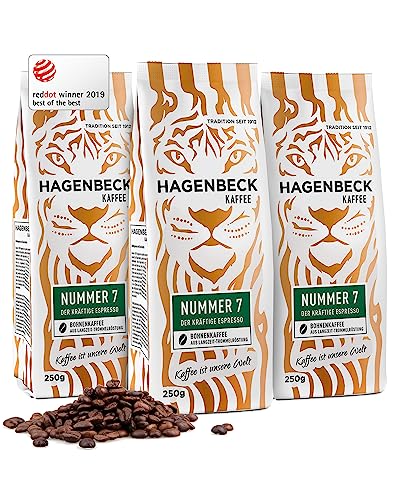 Hagenbeck Nummer 7 3x250g (750g) | Ganze Espresso-Bohnen aus traditioneller Röstung | Kräftig-würziger Geschmack mit schokoladig-nussiger Note | Kaffeebohnen stark | Ideal für Kaffee-Vollautomaten von Hagenbeck Kaffee