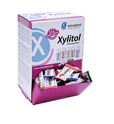 miradent Xylitol Kaugummi Schüttbox | 200x Veganes Xylit Kaugummi | Zahnpflegekaugummi für Kinder & Erwachsene | ohne Aspartam, Sorbitol, Laktose, Titanium Dioxid | zuckerfrei kariespräventiv von MIRADENT