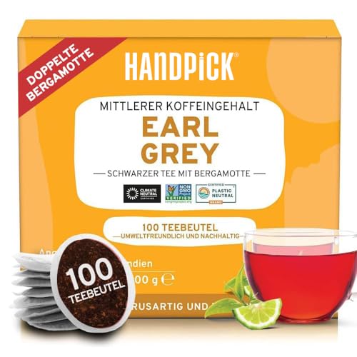 HANDPICK, Earl Grey Schwarzer Tee Beutel (100 Stück) Reiner Earl Grey Tee Mit Bergamotteextrakten | Zitrusgeschmack Schwarztee | Heißer/Eistee Mit Oder Ohne Milch Aufbrühen | Schwarzen Tee von HANDPICK