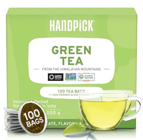 HANDPICK, Grüner Tee Beutel (100 Teebeutel) Glutenfrei & Reiner Grüntee | Runde Grün Tee Beutel, Kein Kleber, Kein Bleichmittel, Keine Schnüre | Heißer/Kombucha Tee Oder Kalter Aufbrühen | Green Tea von HANDPICK