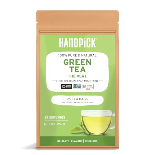 HANDPICK, Grüner Tee Beutel - 25 zählen |100% reine Grüntee Blätter aus dem Himalaya, Indien|Runde umweltbewusste Grünteebeutel, heißen oder Eistee brauen von HANDPICK