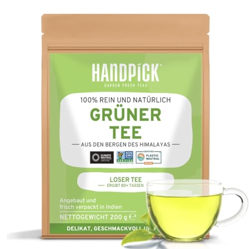 HANDPICK, Grüner Tee Lose Blatt (200g/7oz) Brüht +100 Tassen | Nicht-GVO, 100% Reine Grüntee Blätter Aus Dem Himalaya, Indien | Wiederverschließbarer Ziplock-Beutel | Tee Lose, Loser Tee von HANDPICK