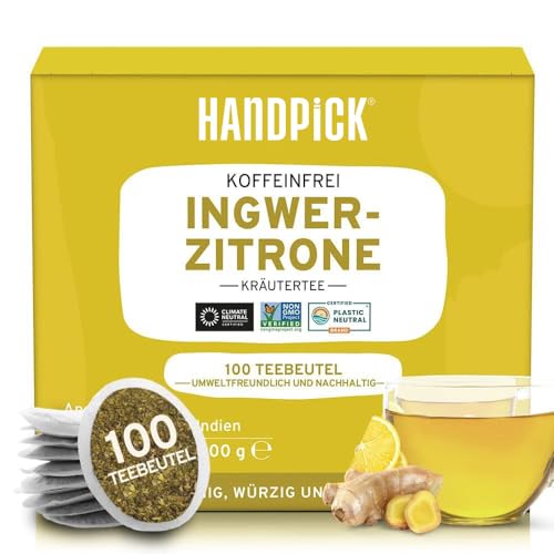 HANDPICK, Ingwer Zitrone tee Kräutertee (100 Stück) Reine Ingwertee | Zitronengras, Lakritz, Zitrone Ingwer | Runde Kräuterteebeutel | Brew Heiß Oder Kalter Ingwer Tee von HANDPICK