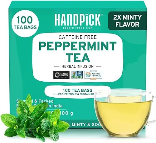 HANDPICK, Pfefferminztee (100 Tee Pfefferminz Beutel) Nicht-GVO, Reine Tee Pfefferminz | Peppermint Tea - Minze, Frischer, Kühler Geschmack | Runde Umweltbewusste Teebeutel | Pfefferminz Tee, von HANDPICK