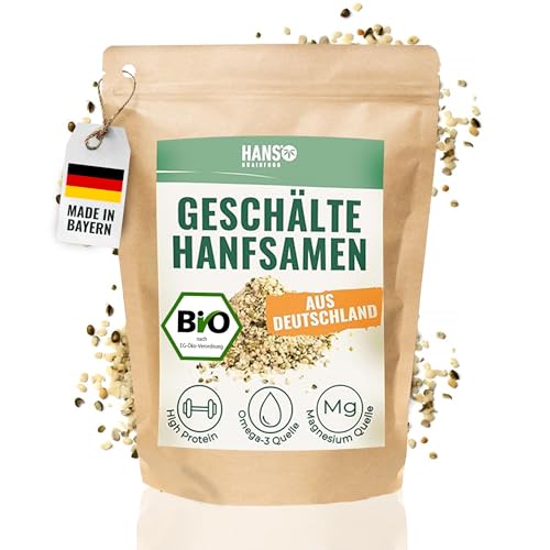 HANS Brainfood Bio Hanfsamen geschält - High Protein - Natürliche Omega 3 und Magnesium Quelle ohne Zusatzstoffe | Superfood vegan aus Bayern | Hanfprotein mit Eisen und Vitamin E | 800g von HANS