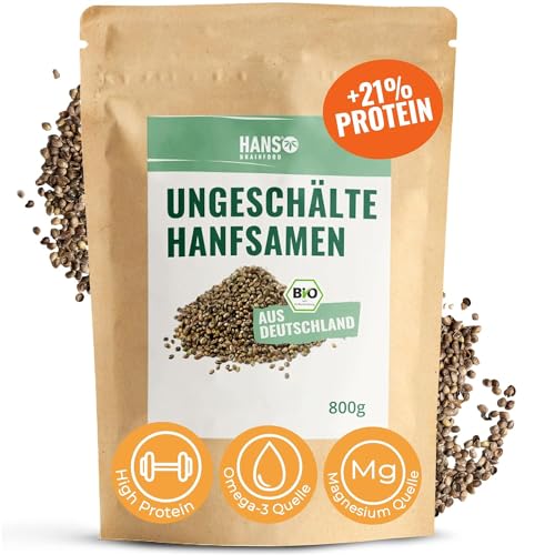 HANS Brainfood Bio Hanfsamen ungeschält - Ballaststoffreich - Natürliche Eiweiß, Omega 3 & Magnesium Quelle ohne Zusatzstoffe | Superfood vegan aus Bayern | Hanfprotein mit Eisen und Vitamin E | 800g von HANS