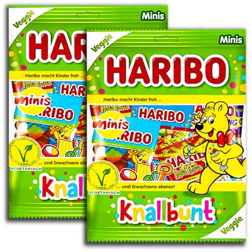 2 er Set Haribo Knallbunt Minis vegetarisch 2 x 230g Mischung aus Mini-Tüten mit Fruchtgumm von HARIBO