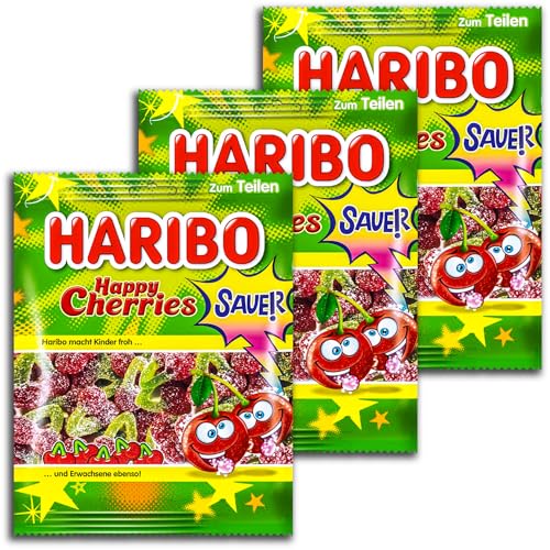 3 er Pack Haribo Happy Cherries sauer 3 x 175g Saures Fruchtgummi mit Kirschgeschmack von HARIBO