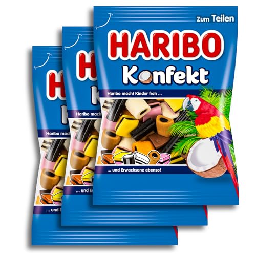 3 er Pack Haribo Konfekt 3 x 175 g Lakritzkonfekt mit Kokos-, Kakao-, Saftorangen-, Zitronen-, Karamell- und Himbeergeschmack von HARIBO