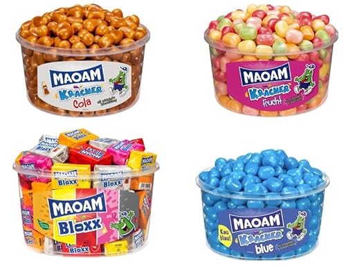 4 Dosen Maoam Kracher Mix aus 4 Sorten a 1,2 kg 1x Kracher Blue, 1x Maoam Bloxx 1x Fruchtkracher, Kracher Cola von HARIBO