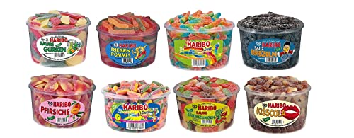 8 Dosen (10,2 Kg) Haribo Sauer / Salzig / Süß Saure Gurken, Riesen Pommes, Rainbow Wummies, Salzbrezel, Rainbow Pixel, Pfirsiche, Bärenzungen und Kiss Cola von HARIBO