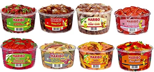 8 Dosen (10.050 Kg) Haribo Liebes Mix, Liebesherzen, Happy Cola, Happy Cherry, Süße Teufel, Süße Schnuller, Kiss Cola, Riesen Pommes, Riesen Erdbeeren von HARIBO