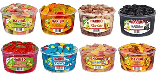 8 Dosen (10.650 Kg) Haribo Bleib Veggie Mix, Schlümpfe, Fruchtschnecken, Süße Schnuller, Kiss Cola, Riesen Erdbeeren, Saure Bärenzungen, Lakritz Schnecken, Surf Trip von HARIBO