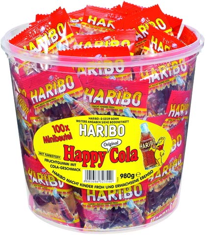 HARIBO Fruchtgummi, Happy Cola Minis, Klarsichtdose, 100 x 9,8 g (980 g) von HARIBO