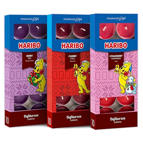 Haribo 3er-Set Duftteelichter Winter Edition - Berry Mix, Cherry Cola, Strawberry Happiness - 30 Stück mit 4-6 Stunden Brenndauer im festlichen Winterdesign von HARIBO