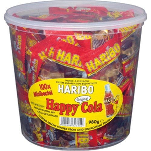 Haribo Happy Cola Mini-Beutel, Runddose, 300 Stück (3 x 980g) von HARIBO