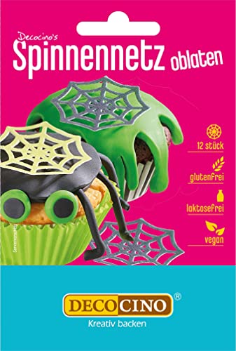 DECOCINO Halloween Oblaten Spinnennetze mit 3D-Effekt (12Stk.) - Torten-Deko Kuchen-Deko Muffin-Deko Cupcake-Deko - Halloween-Deko aus Esspapier von DECOCINO