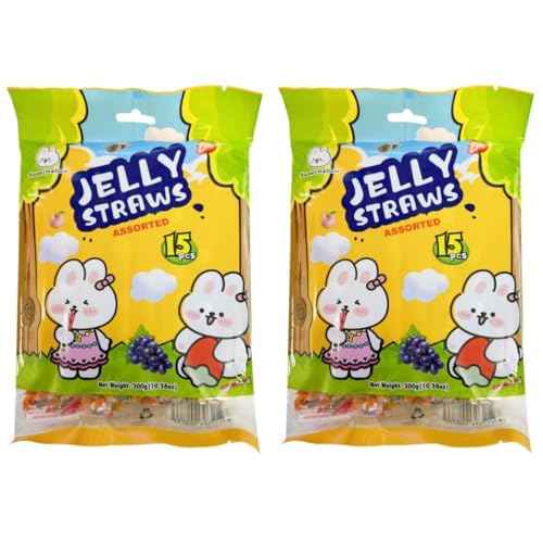 2x TXMM Yellow Jelly Sticks Fruchtgummi Jelly Strips Straws Mix 2x 300g + Heartforcards® Versandschutz (4 Assorted Mix Flavors) von HEART FOR CARDS