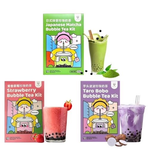 3er Tokimeki Bubble Tea Mix Kit 3x255g | 3 zufällig ausgewählte Geschmäcker | Einfach zu Hause zubereiten | Matcha, Cocoa Motcha, Strawberry, Taro & Brown Sugar + Heartforcards® Versandschutz von HEART FOR CARDS