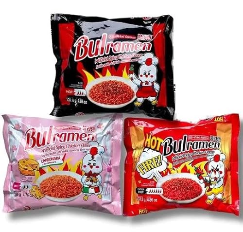 3x Bulramen Probierpaket mit Carbonara - Double Hot & Hot Chicken Flavour leckere spicy Instant Ramen Nudeln von HEART FOR CARDS