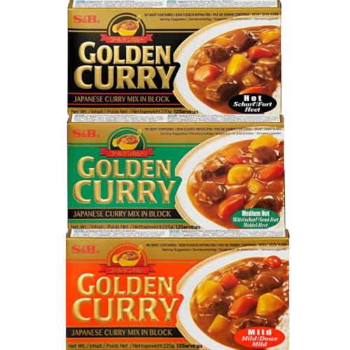 3x220g S&B GOLDEN CURRY MIX - Japanese Curry Mix - vegetarian no meat contained - 3 Geschmäcker: Mild, Medium Hot & Hot + Heartforcards® Versandschutz von HEART FOR CARDS