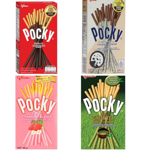 4er Pocky Probierpaket - japanische Mikado Schokoladen Sticks - 4x40g (Strawberry, Cookies, Matcha & Schokolade) + Heartforcards® Versandschutz von HEART FOR CARDS
