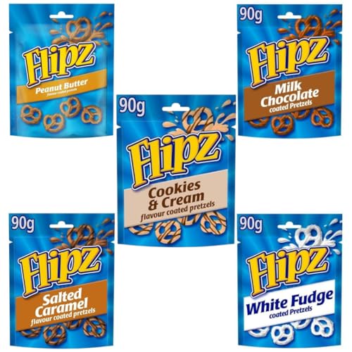 5er Probierpaket Flipz - 5 mal Flavor Coated Pretzels - 5x90g Packung- mit den Geschmäckern: Cookies&Cream, Salted Caramel, White Fudge, Peanut Butter & Milk Chocolate + Heartforcards® Versandschutz von HEART FOR CARDS