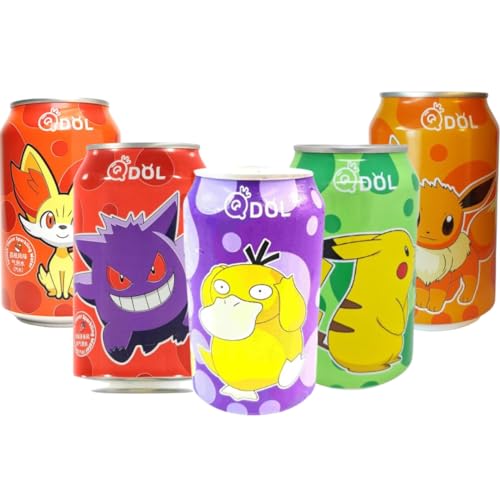 5er Probierpaket QDOL - Pokeman SPARKLING WATER Drinks 5x330ml mit den Geschmäckern GRAPE, LITCHI, LIME, STRAWBERRY + WHITE PEACH + Heartforcards® Versandschutz von HEART FOR CARDS