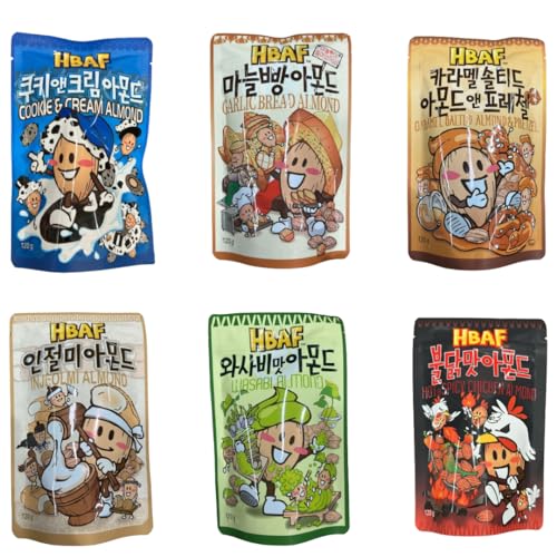 6er Probierpaket HBAF Almonds - Koreanische Mandeln - 6x120g : Wasabi, Salted Caramel Pretzel, Cookie, Garlic Bread, Pepperoni Chicken & Korean Mochi - mindestens 4 verschiedene Packungen von HEART FOR CARDS