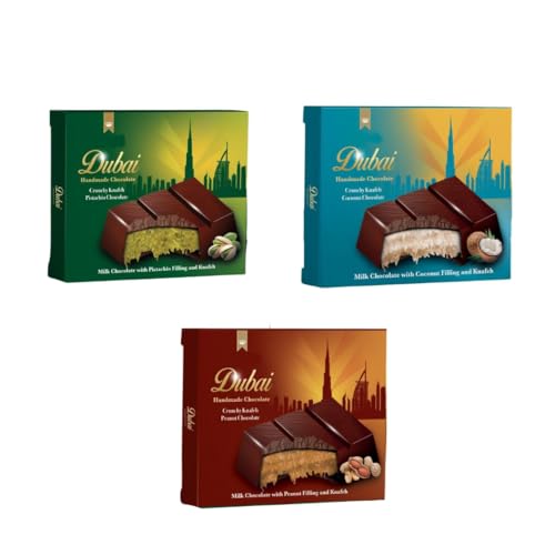 Dubai Schokolade Geschenkpaket | Probierpaket 3x100g | 3 verschiedene Sorten Pistazie, Kokosnuss & Erdnuss | Überraschungspaket Schokolade & Kadayif (Engelshaar) Weihnachten+ Heartforcards® Sticker von HEART FOR CARDS