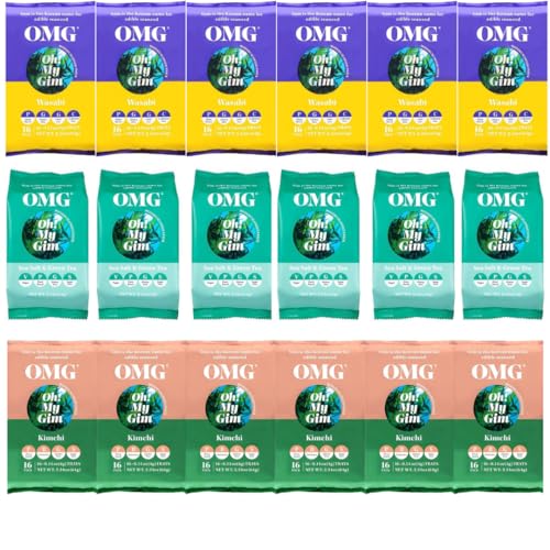 Probierpaket - Korea Food OMG Oh! My Gim Korean Seetang (Nori) - koreanische Snack Chips (4g x 18 Stück) - 6x Wasabi, 6x Kimchi & 6x Sea Salt + Green Tea + Heartforcards® Versandschutz von HEART FOR CARDS