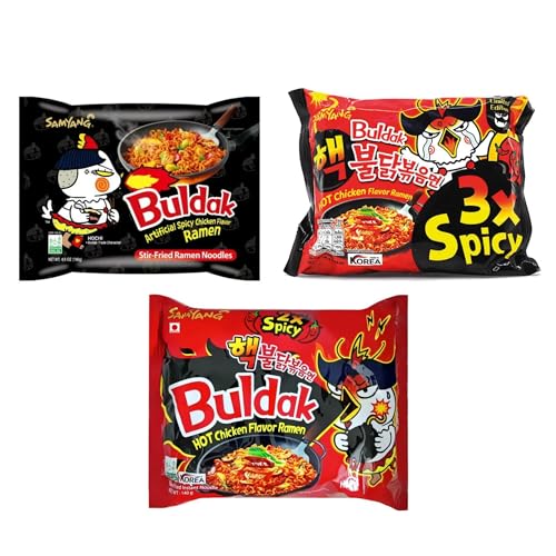 Samyang 3x Buldak Ramen Hot Chicken & 2-fach Spicy Chicken & 3-fach Spicy Chicken Set Probierpaket Stir Fry Noodles Geschenkset (3x140 g) von HEART FOR CARDS