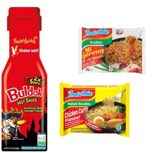 Samyang Buldak Sauce Original 2xSpicy Sauce 200g + 2 x zufällige INDOMIE RAMEN aus der kompletten Indomie Produktpalette + Heartforcards® Versandschutz (2x Spicy) von HEART FOR CARDS