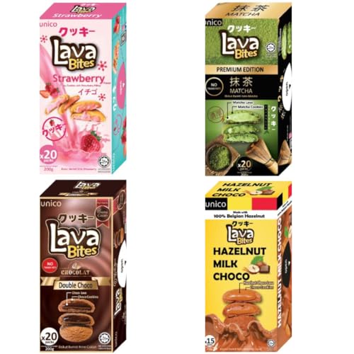 Unico Lava Bites Cookies Porbierpaket 4x150g - Alle 4 Geschmäcker: Hazelnut Milk - Double Choco - Matcha Green Tea - Strawberry + Heartforcards® Versandschutz von HEART FOR CARDS
