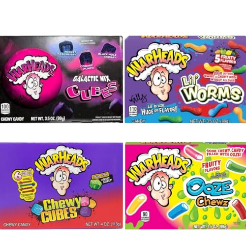 Warheads Probierpaket - 4x99g leckere Warheads Sweets mit Galactic Cubes - Ooze Chews - Lil Worms & Chewy Cubes + Heartforcards® Versandschutz von HEART FOR CARDS
